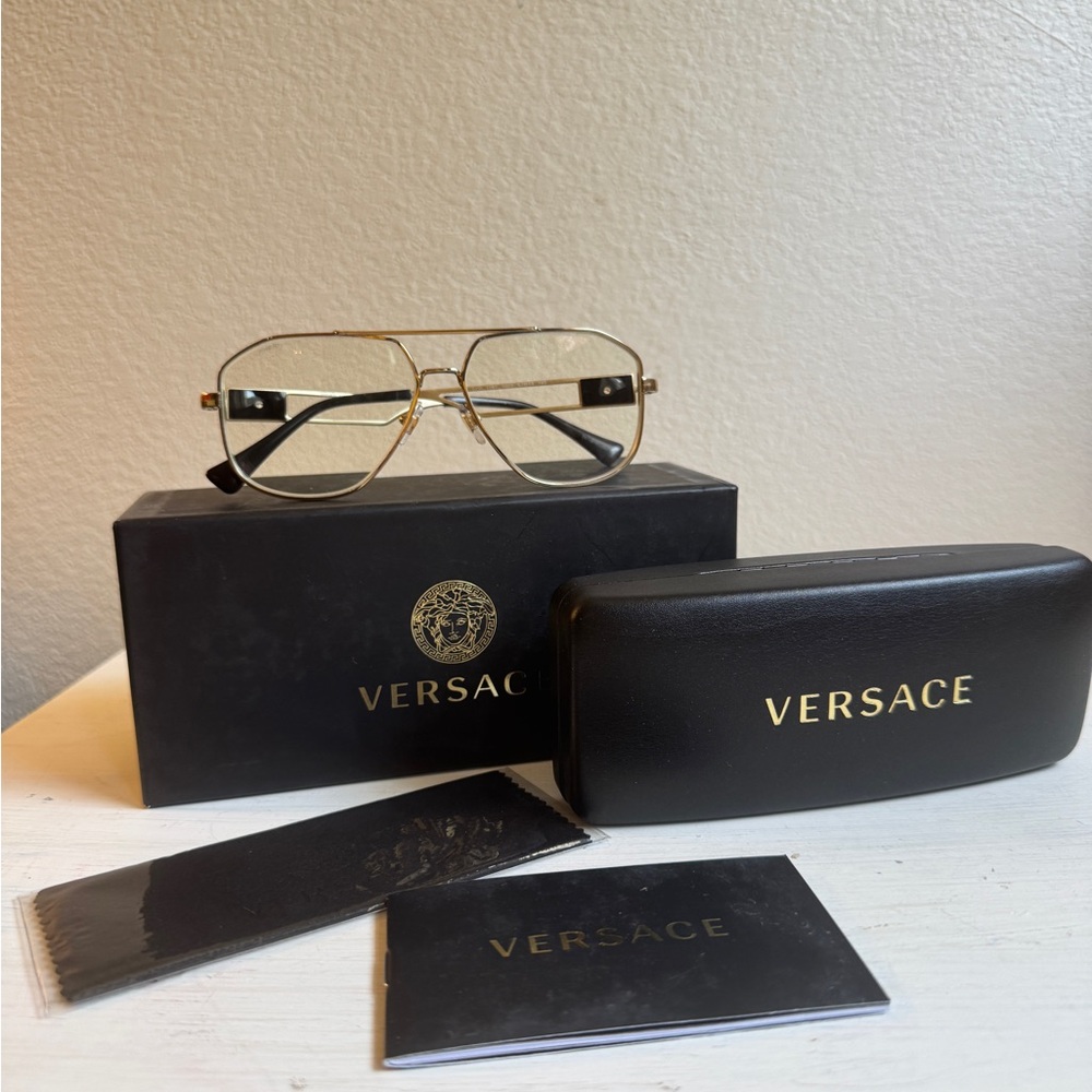 Versace Gold Aviator Glasses with original box, tag, dust cloth and case